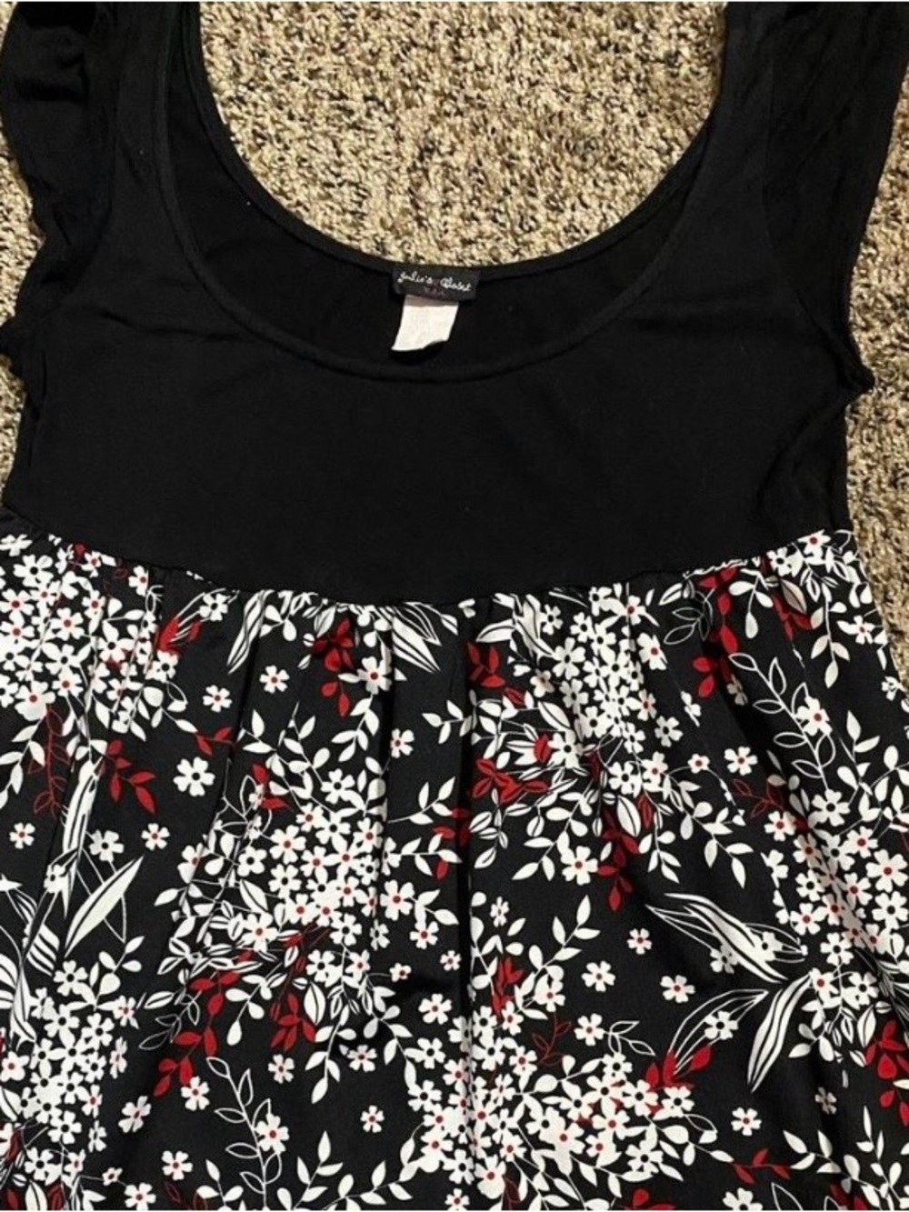 Black Floral Scoop-Neck Babydoll Top - Red & White Accent